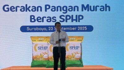 Menteri Pertanian Andi Amran Sulaiman dalam kegiatan Gerakan Pangan Murah (GPM) Serentak di Surabaya, Selasa (23/9/2025).