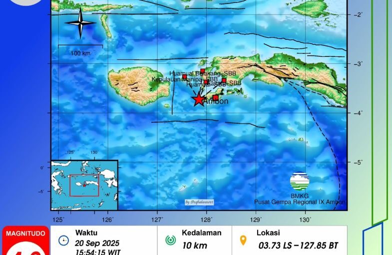 Info Gempa Magnitudo 4.8, di Ambon, Sabtu (20/9/2025), pukul 15:54:15 WIT oleh BMKG.
