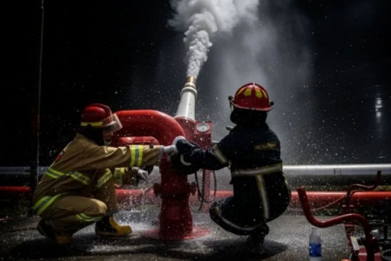 etugas Pertamina ketika melakukan pemadaman kilang yang terbakar pada Rabu malam lalu (1/10).