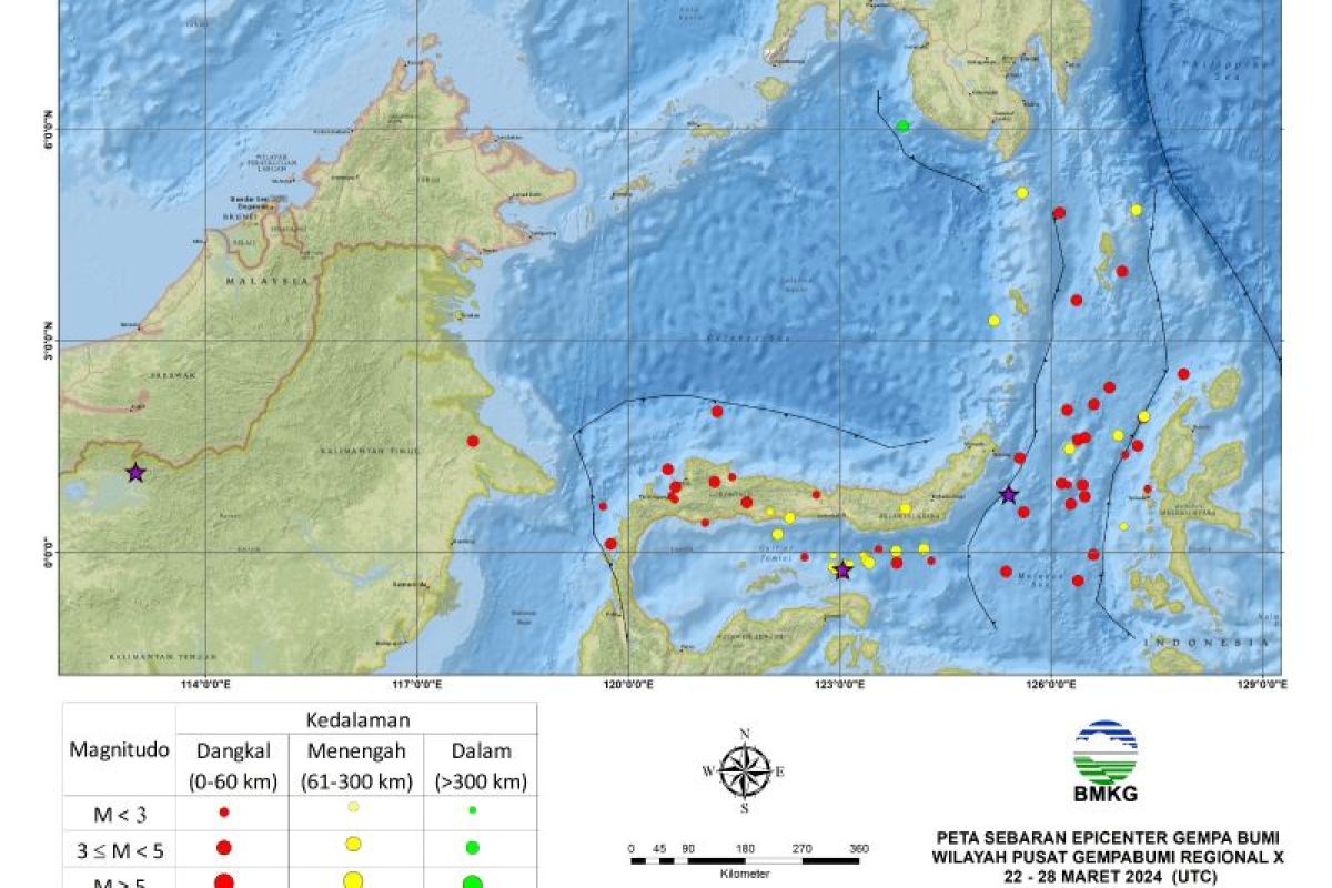 Peta sebaran gempa yang terekam BMKG di wilayah Sulut dan sekitarnya