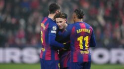 Gelandang Bercelona Fermin, usai cetak 2 goal kegawang Slavia Praha pada Liga Champion, Kamis (22/1) waktu setempat.